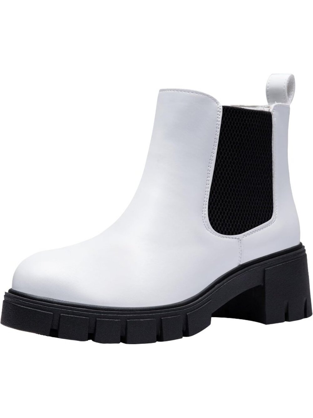 Women's White Chunky Platform Chelsea Elastic Side Panels Stylish Ankle Boots
